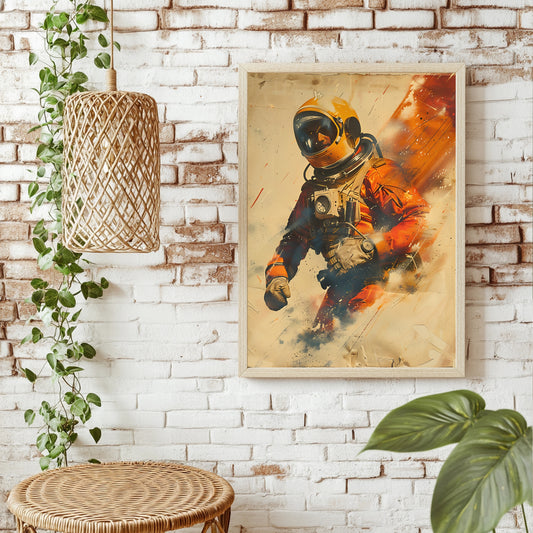 Astronaut mit gelbem Helm im Vintage-Poster-Stil mit orangefarbenen Farbspritzern