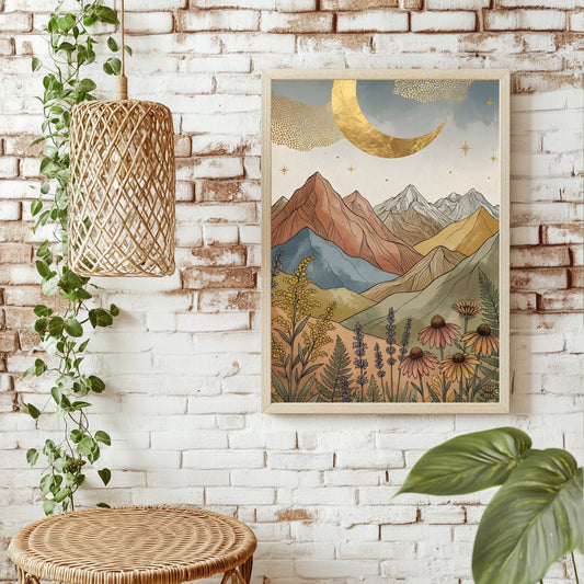 Boho Berglandschaft mit goldenem Sichelmond und Lupinen