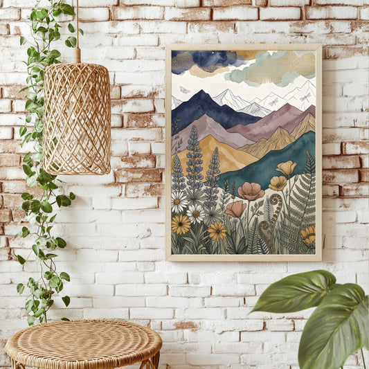 Boho Berglandschaft mit goldenem Mond, Libellen und türkisen Bergen