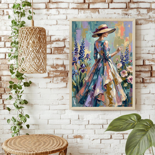 Gemälde einer Frau mit Sonnenhut zwischen Iris und Rosen im Garten