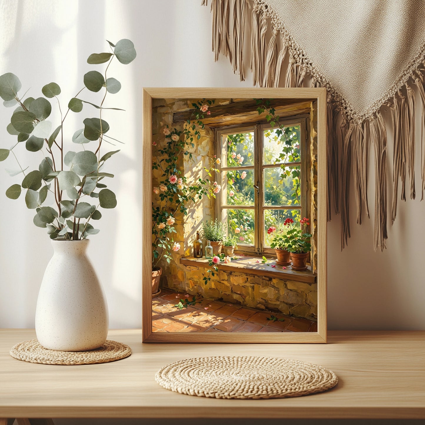 Zartrosa Rosen, Rosmarin und Geranien an einem sonnigen Steinfenster mit Gartenblick