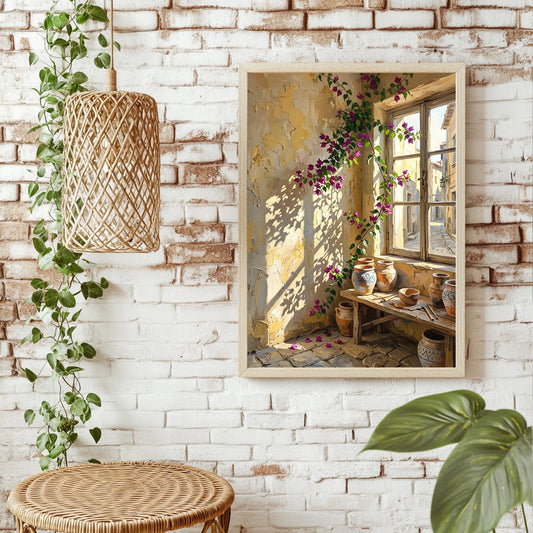 Pinke Bougainvillea an einem Fenster mit Blick auf eine mediterrane Gasse