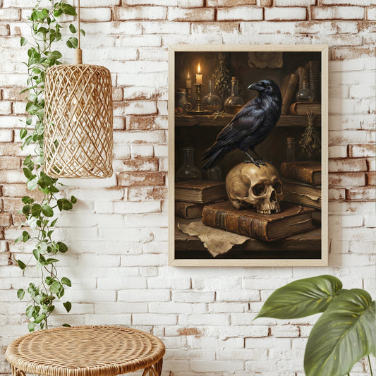 Rabe auf Totenkopf und Büchern Poster – Raumansicht 1
