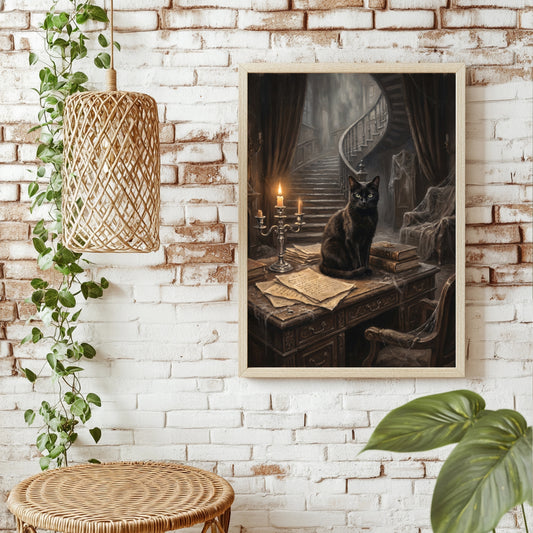 Schwarze Katze in der alten Bibliothek Poster – Raumansicht 1