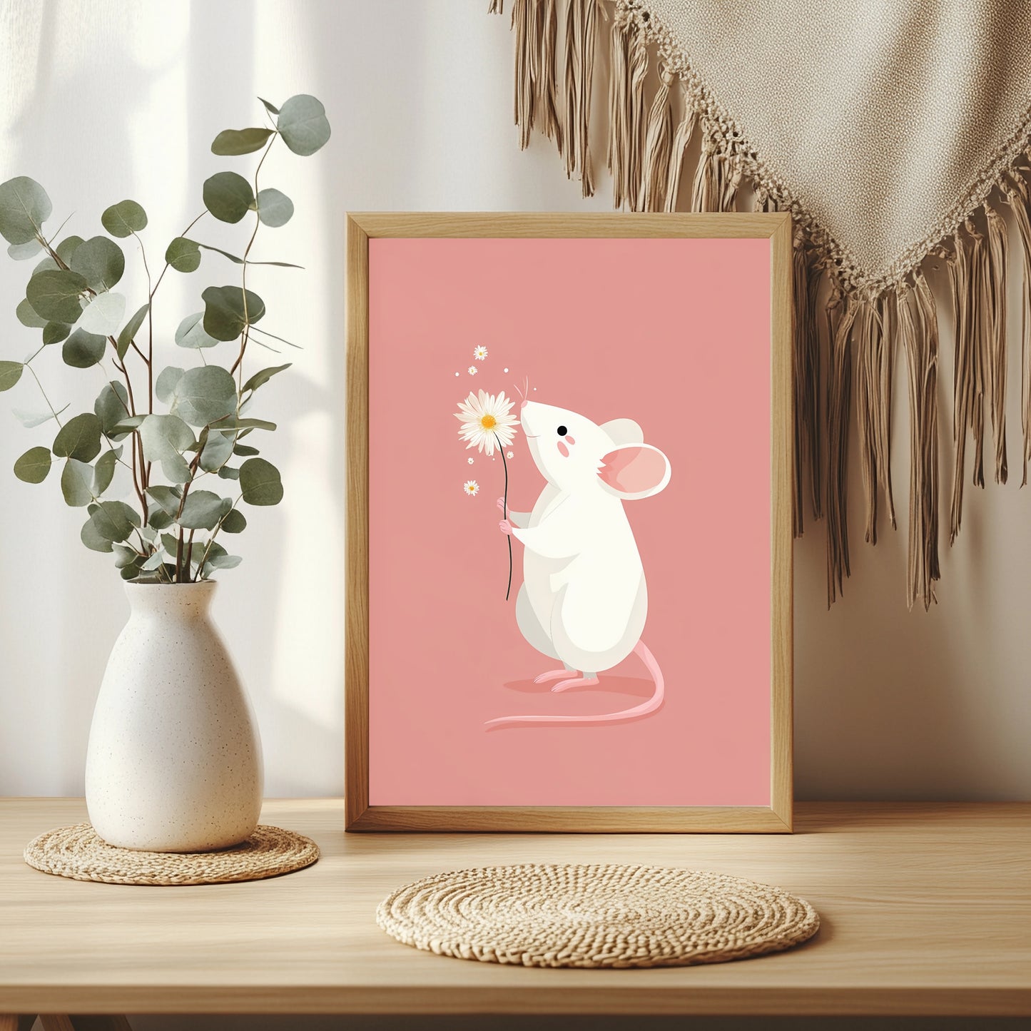 Weiße Maus mit Gänseblümchen Poster – Raumansicht 3