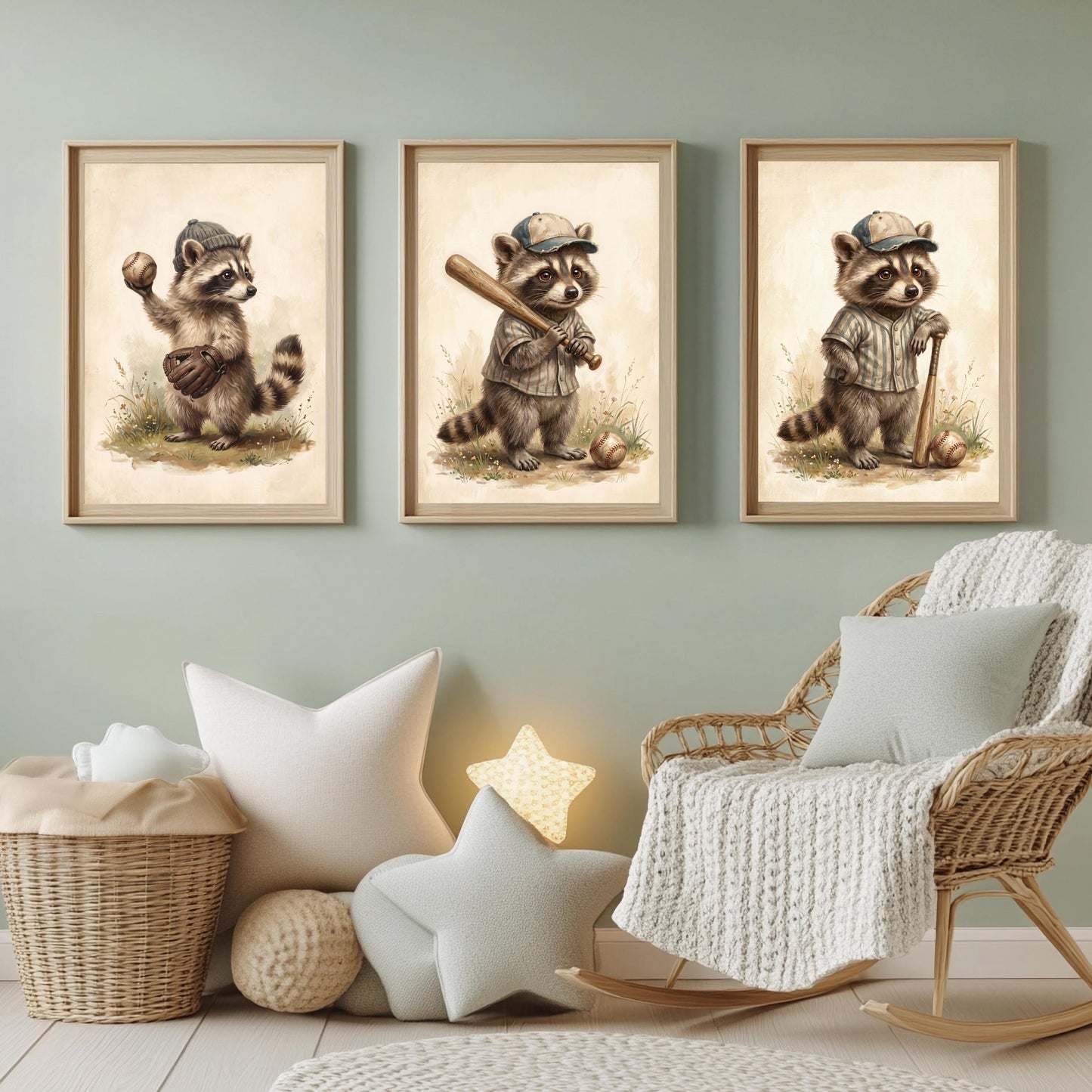Waschbär Poster Set Kinderzimmer Baseball