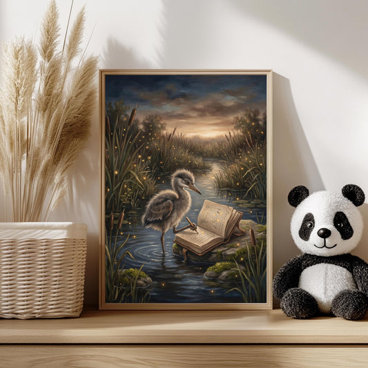 Reiher Bookish Poster, Kinderzimmer Wandkunst