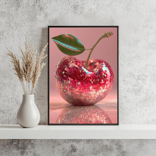 Discokugel Kirsche Poster Glitzer Wandkunst