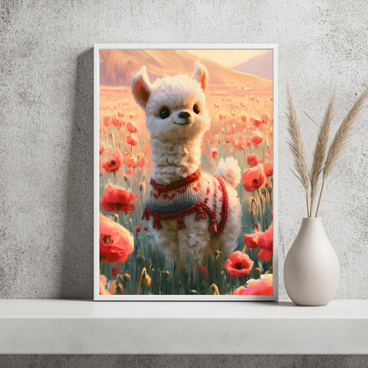 Baby Alpaka Mohnblumen Poster, Kinderzimmer Wandkunst