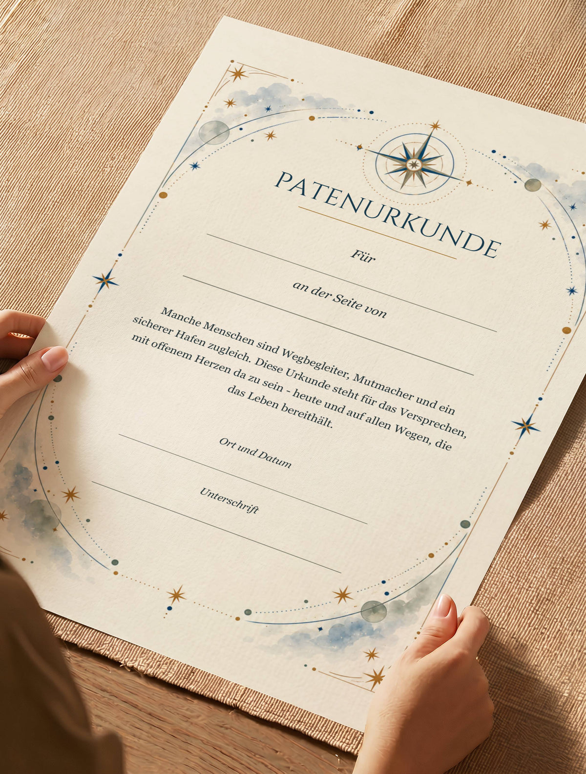 Blanko-Patenurkunde mit Kompass und Sternen zum Selbstausfüllen – Handaufnahme