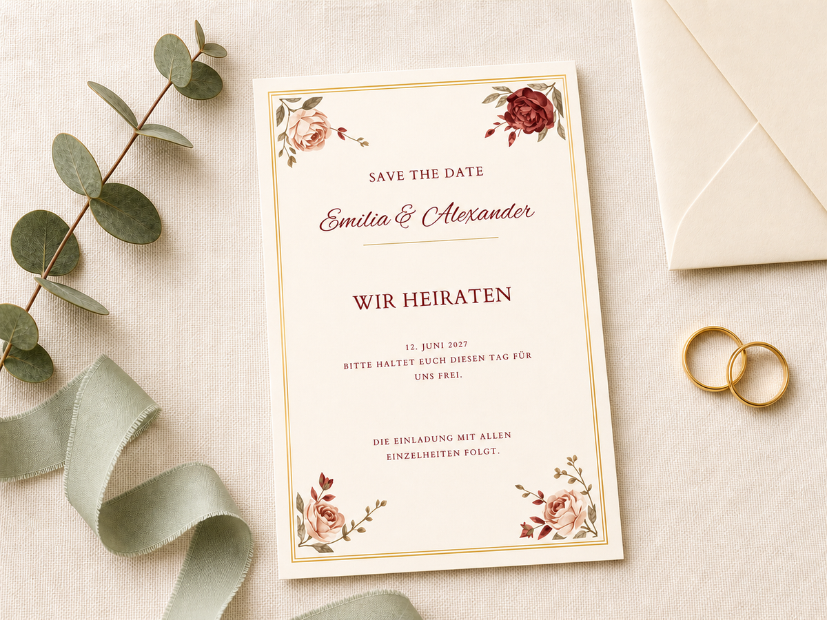 Personalisierte Save-the-Date-Karten mit Umschlägen | Burgundy Rose Hochzeit