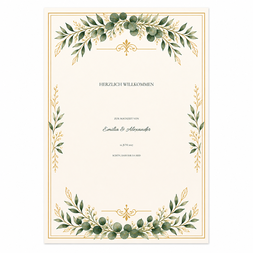 Personalisiertes Hochzeitspapeterie-Set | Greenery Gold | Schilder & Menükarten