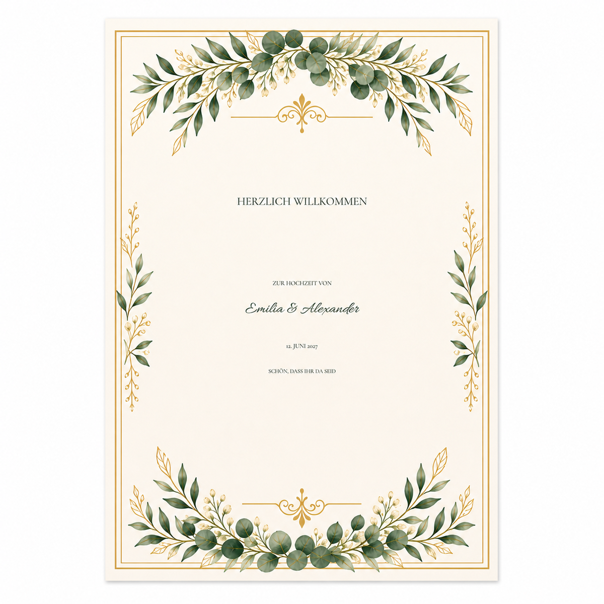 Personalisiertes Hochzeitspapeterie-Set | Greenery Gold | Schilder & Menükarten