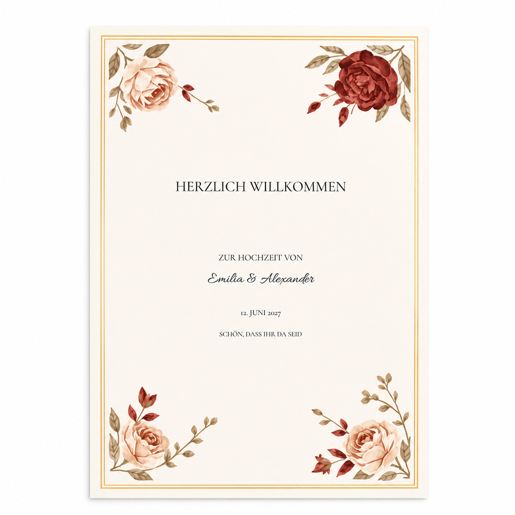 Personalisiertes Willkommensschild zur Hochzeit A3 | Burgundy Rose