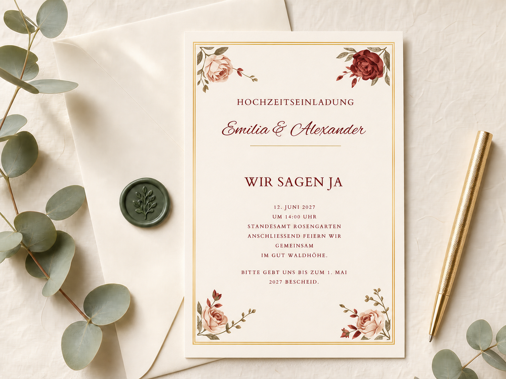 Personalisierte Hochzeitseinladungen mit Umschlägen | Burgundy Rose