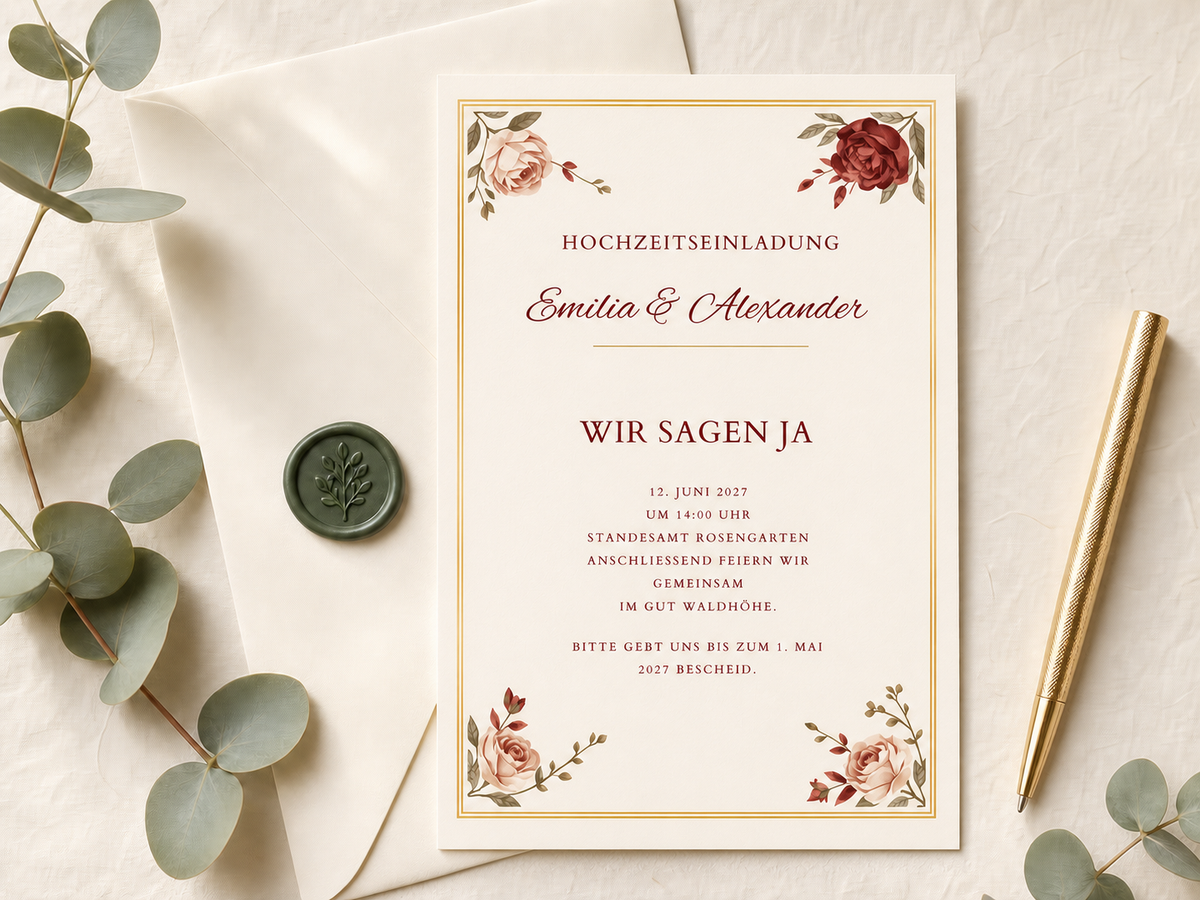 Personalisierte Hochzeitseinladungen mit Umschlägen | Burgundy Rose