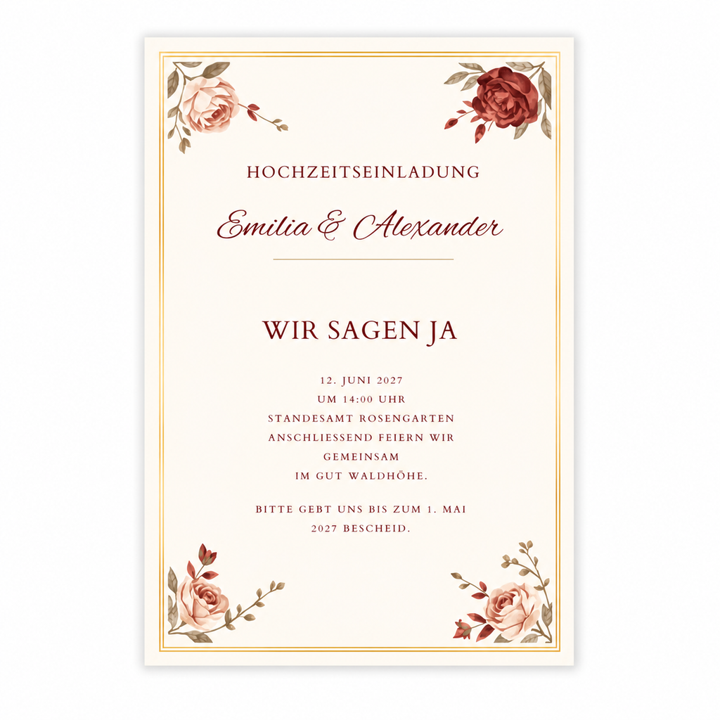 Hochzeitseinladung Burgundy Rose auf weißem Hintergrund