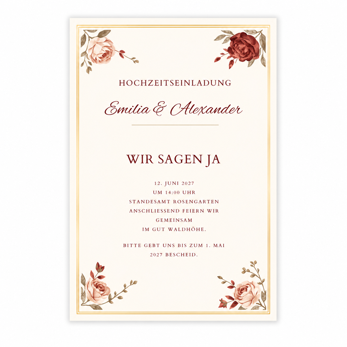 Hochzeitseinladung Burgundy Rose auf weißem Hintergrund