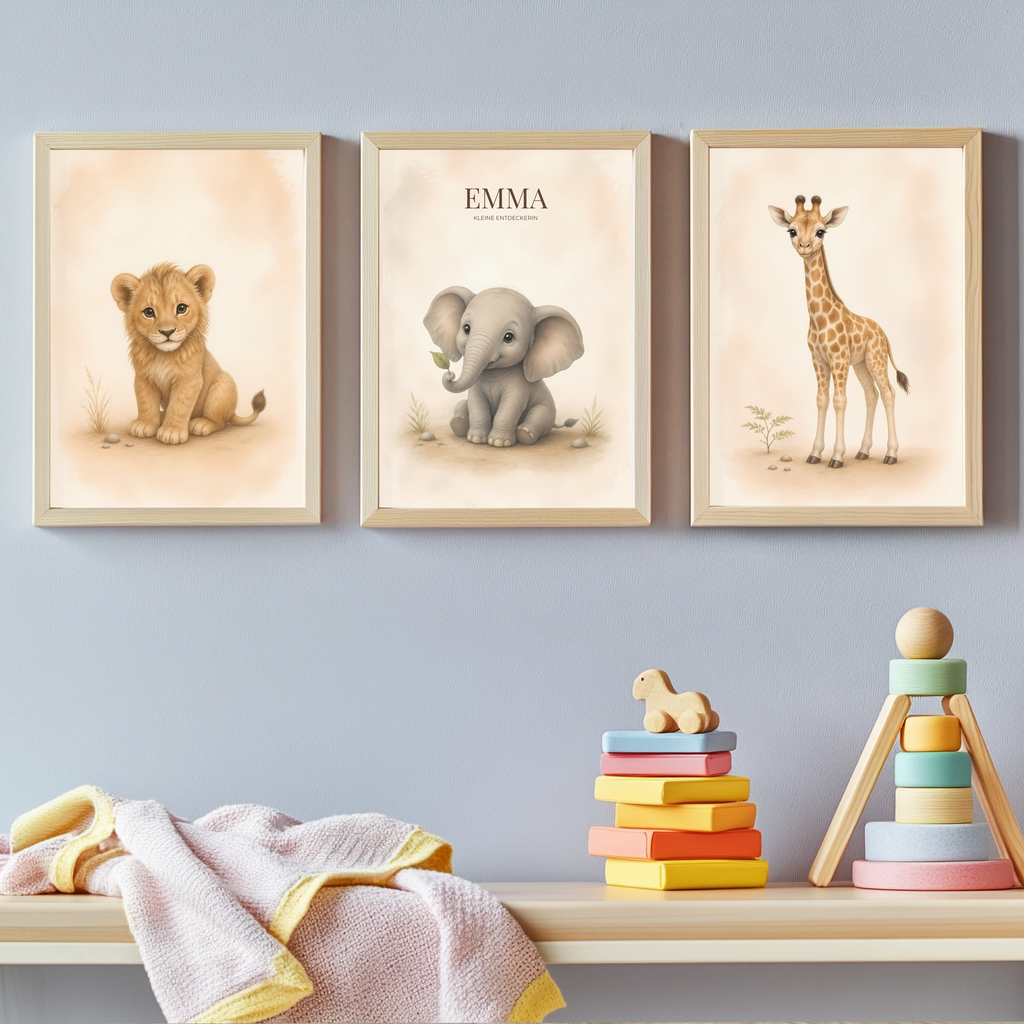 Safari-Tiere – personalisiertes 3er Poster-Set