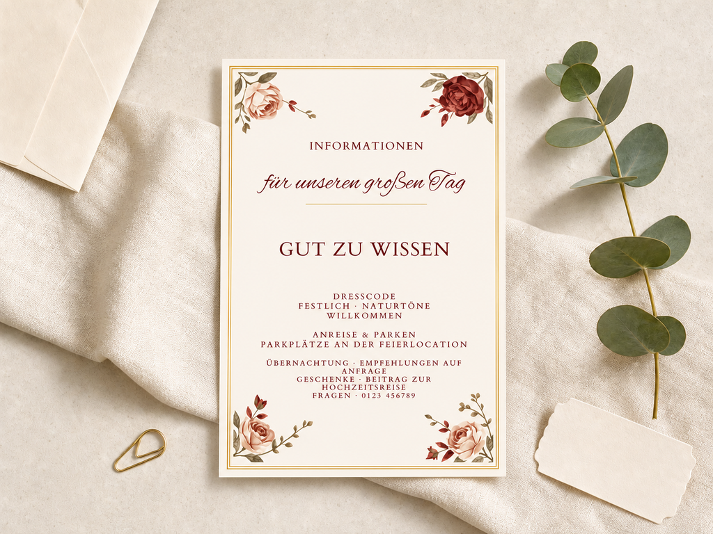 Personalisierte Informationskarten zur Hochzeit | Burgundy Rose | 10–100 Stück