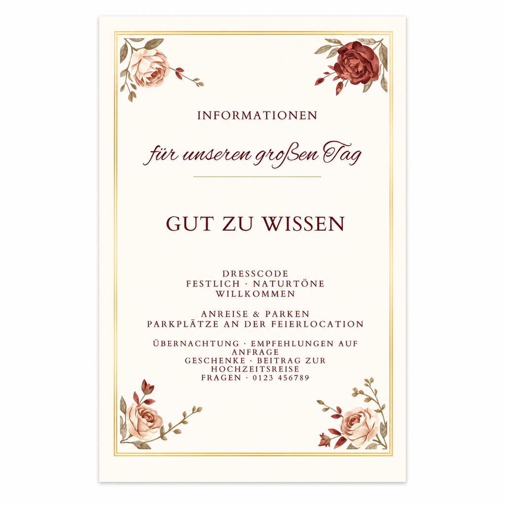 Informationskarte Burgundy Rose auf weißem Hintergrund