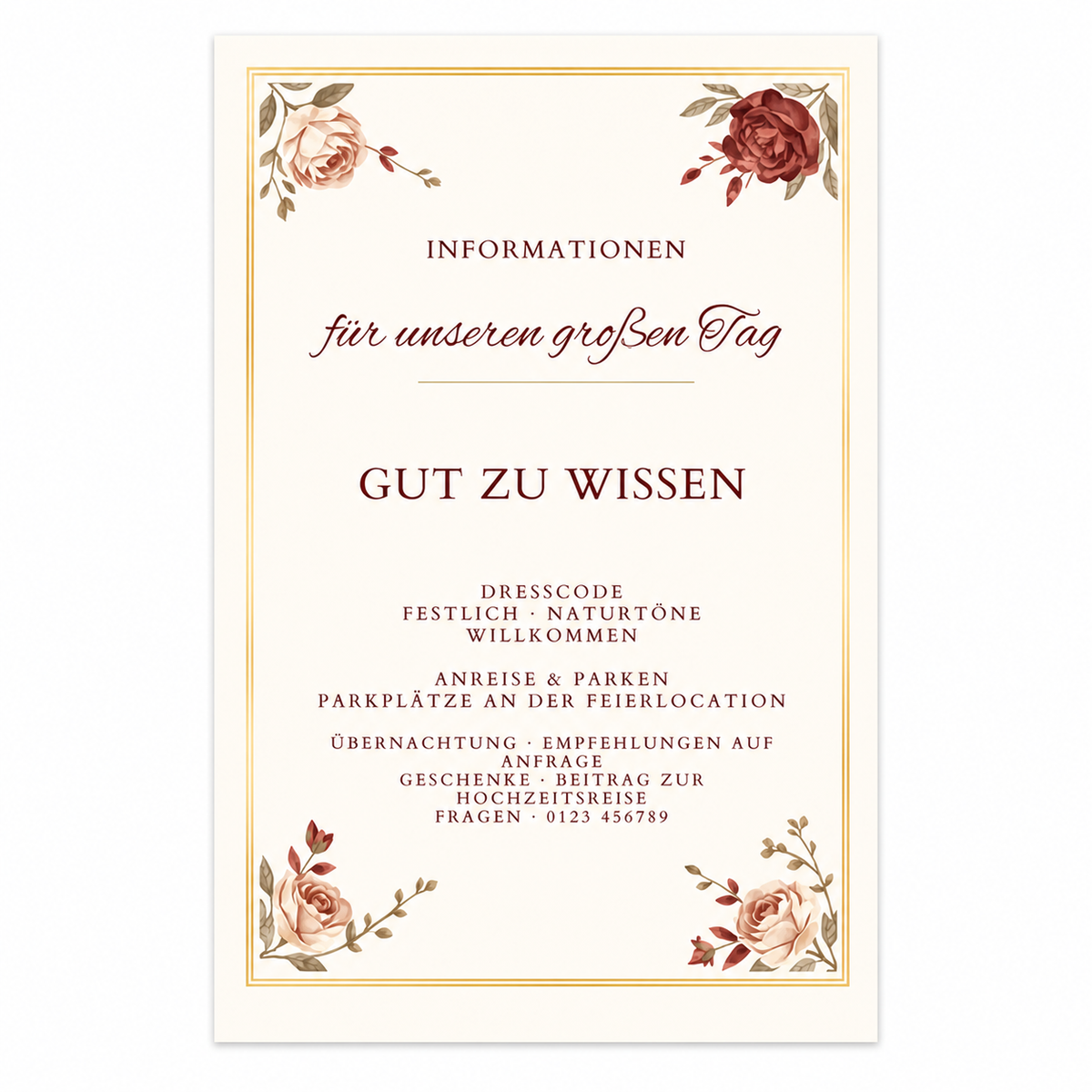 Informationskarte Burgundy Rose auf weißem Hintergrund
