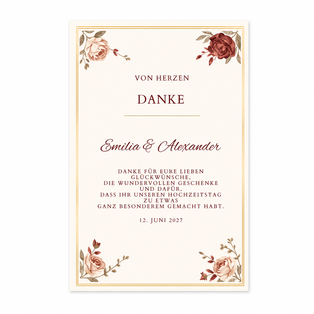 Personalisierte Dankeskarten zur Hochzeit mit Umschlägen | Burgundy Rose