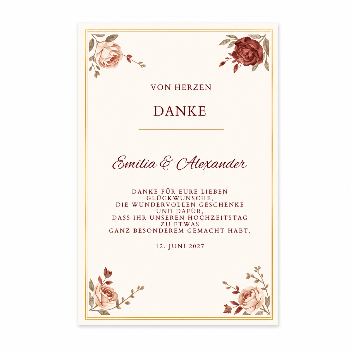 Personalisierte Dankeskarten zur Hochzeit mit Umschlägen | Burgundy Rose