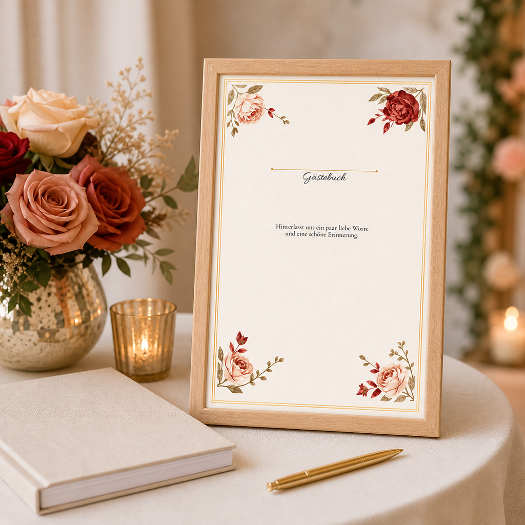 Personalisiertes Gästebuch-Schild zur Hochzeit 10 × 15 cm | Burgundy Rose