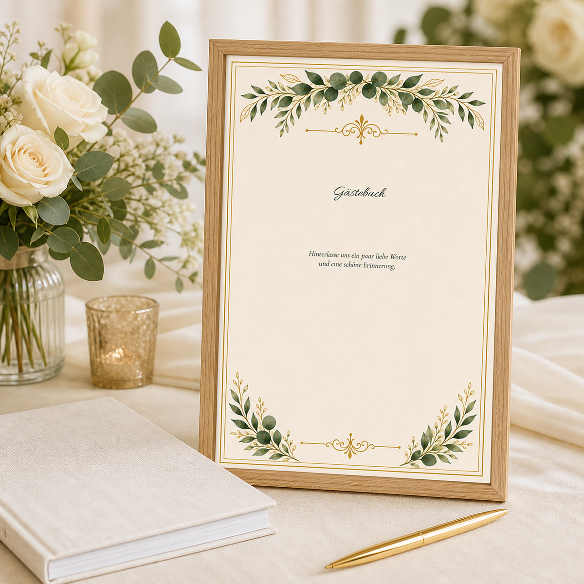 Personalisiertes Gästebuch-Schild zur Hochzeit 10 × 15 cm | Greenery Gold