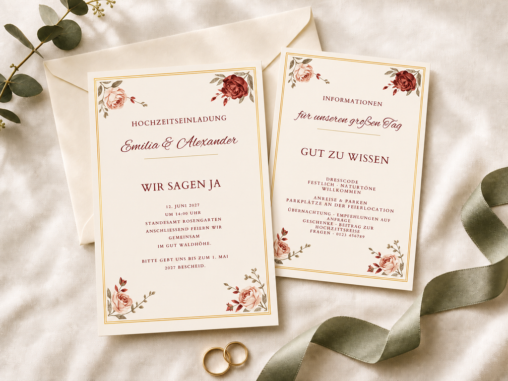 Hochzeitseinladungs-Set Burgundy Rose mit Einladung und Informationskarte