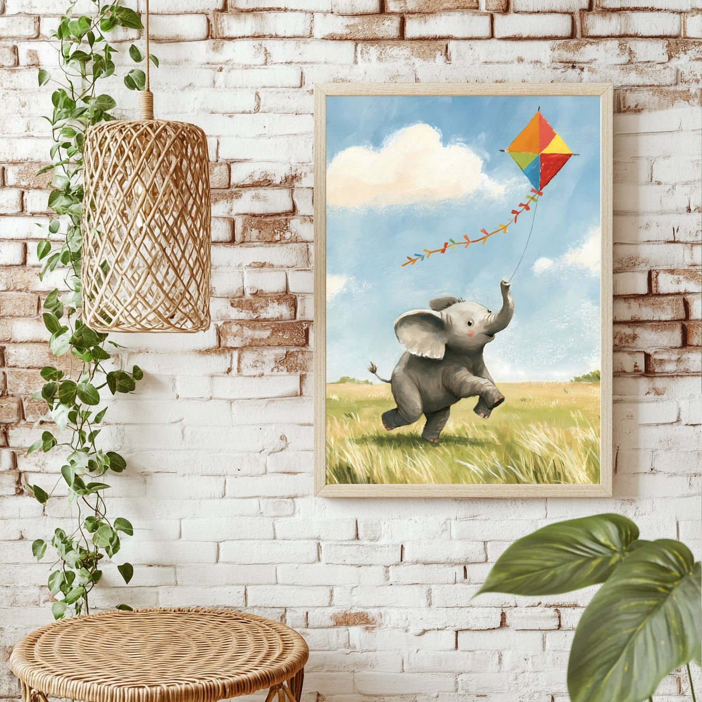 Elefant mit Papierdrachen Poster – Raumansicht 1