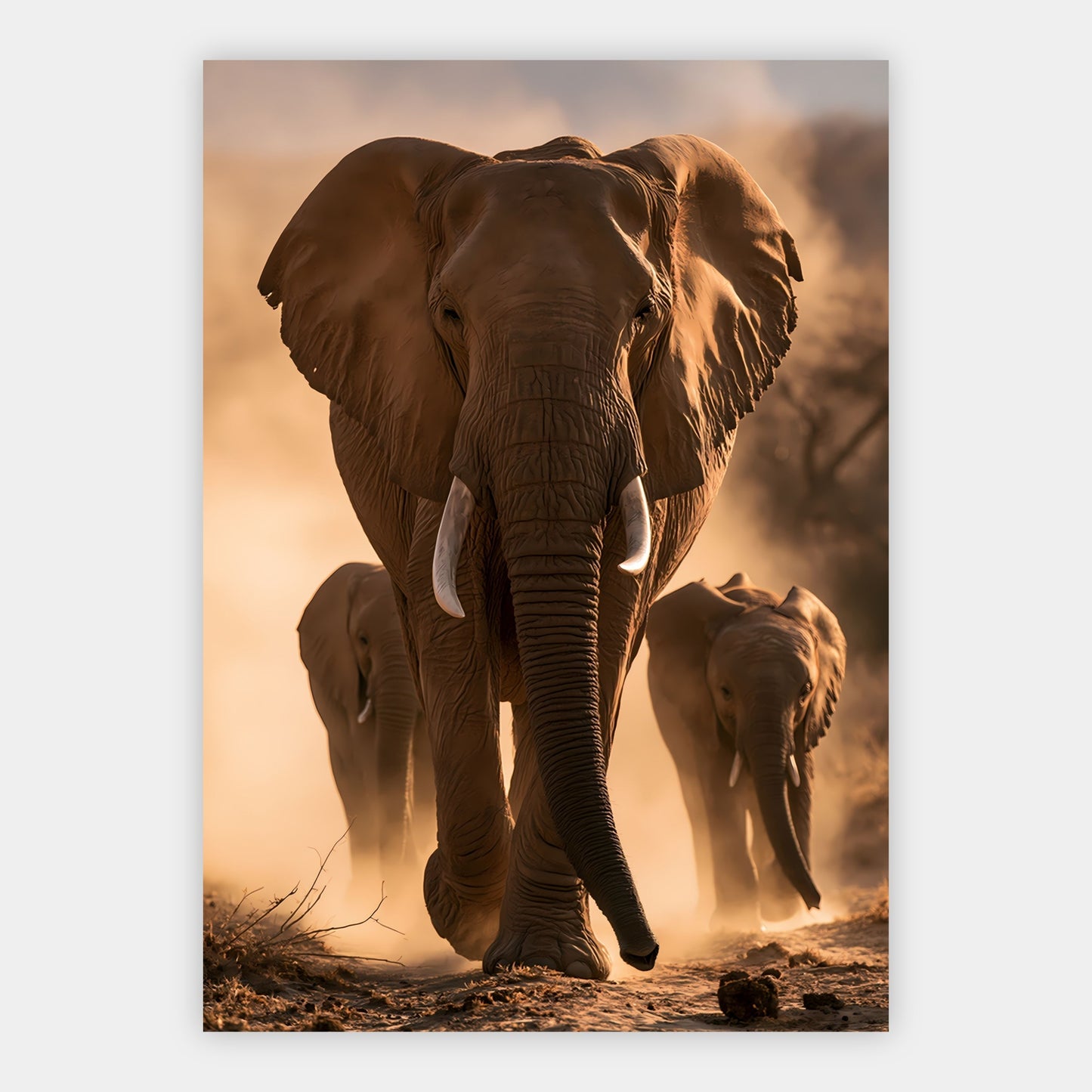 Elefantenfamilie im Staub Poster – Freisteller