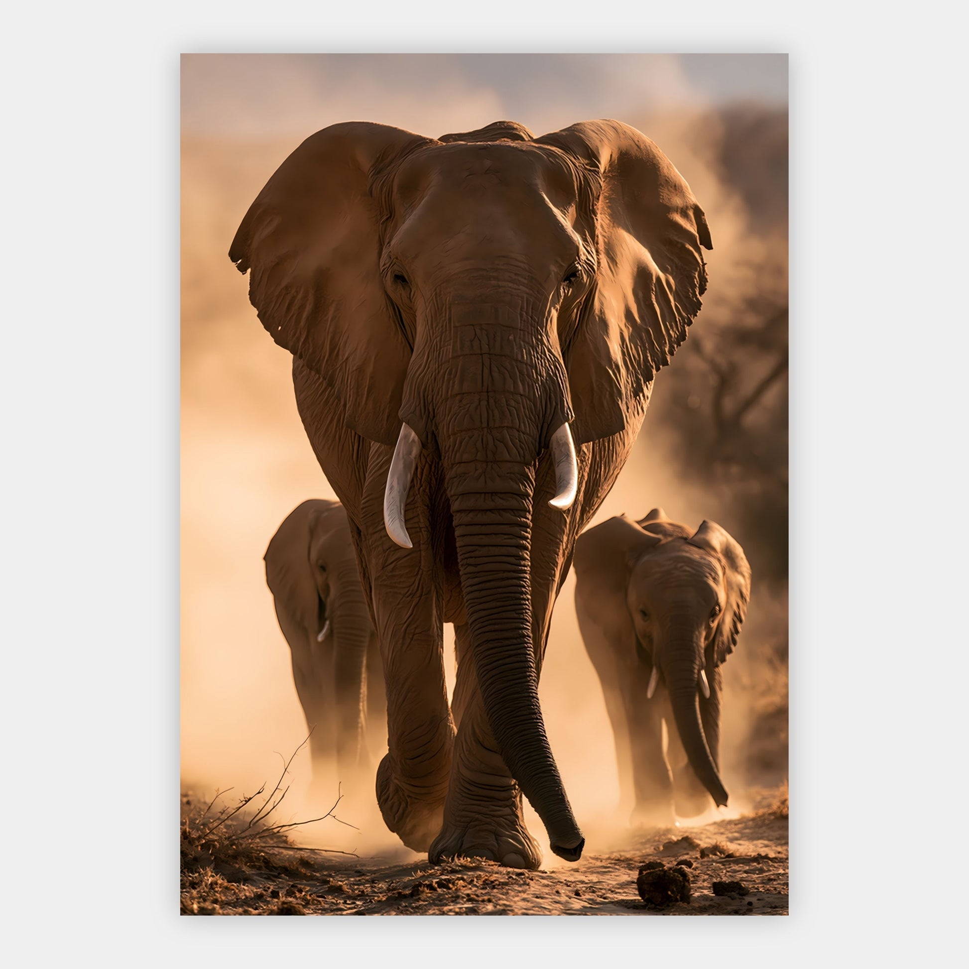 Elefantenfamilie im Staub Poster – Freisteller