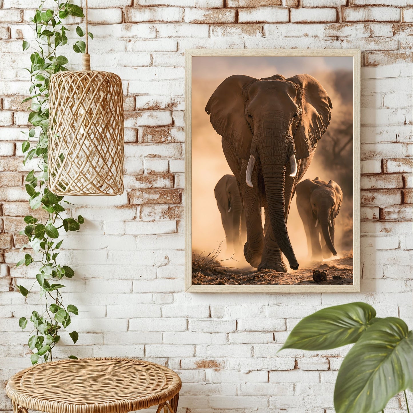 Elefantenfamilie im Staub Poster – Raumansicht 1