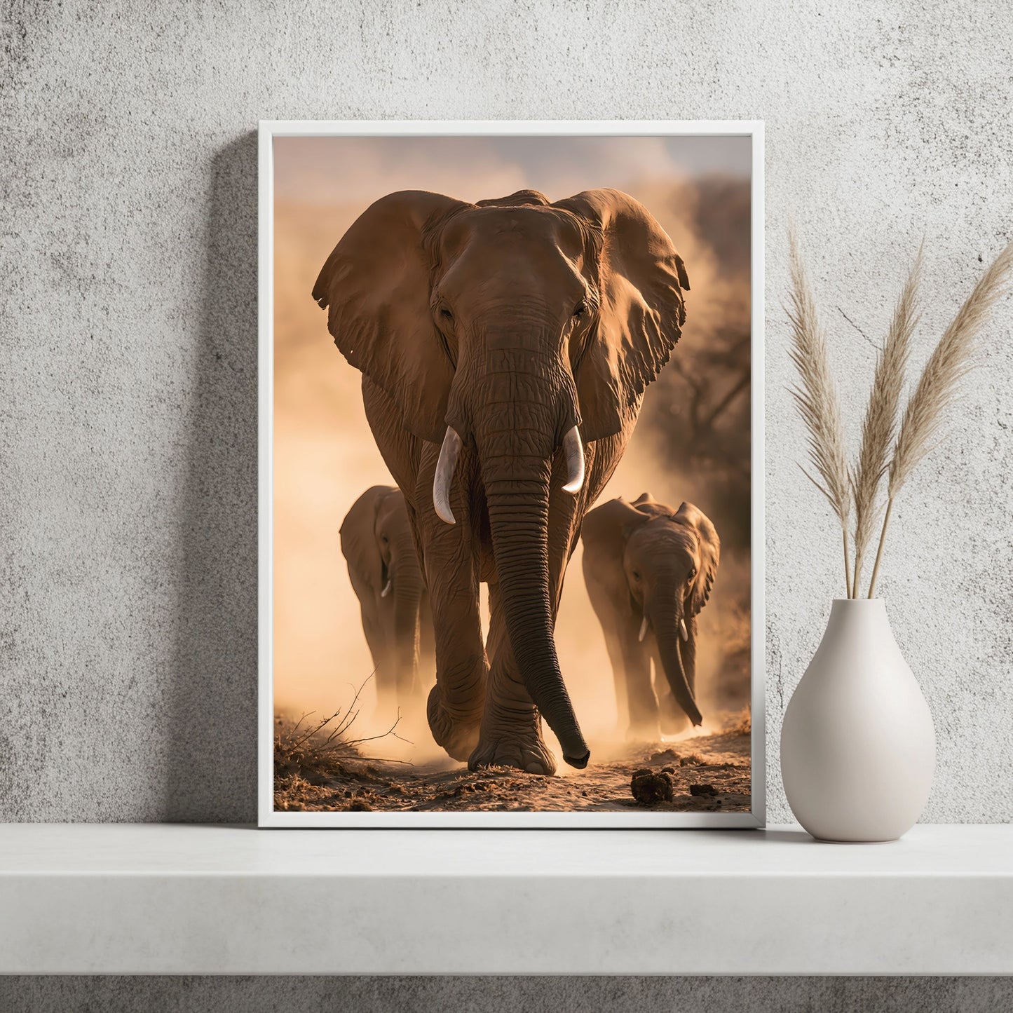 Elefantenfamilie im Staub Poster – Raumansicht 2