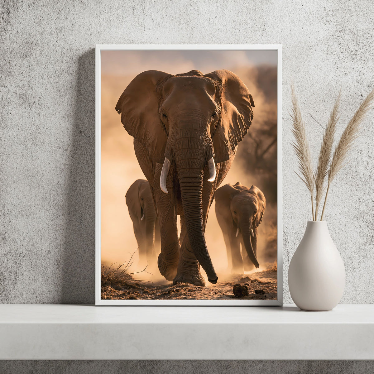 Elefantenfamilie im Staub Poster – Raumansicht 2