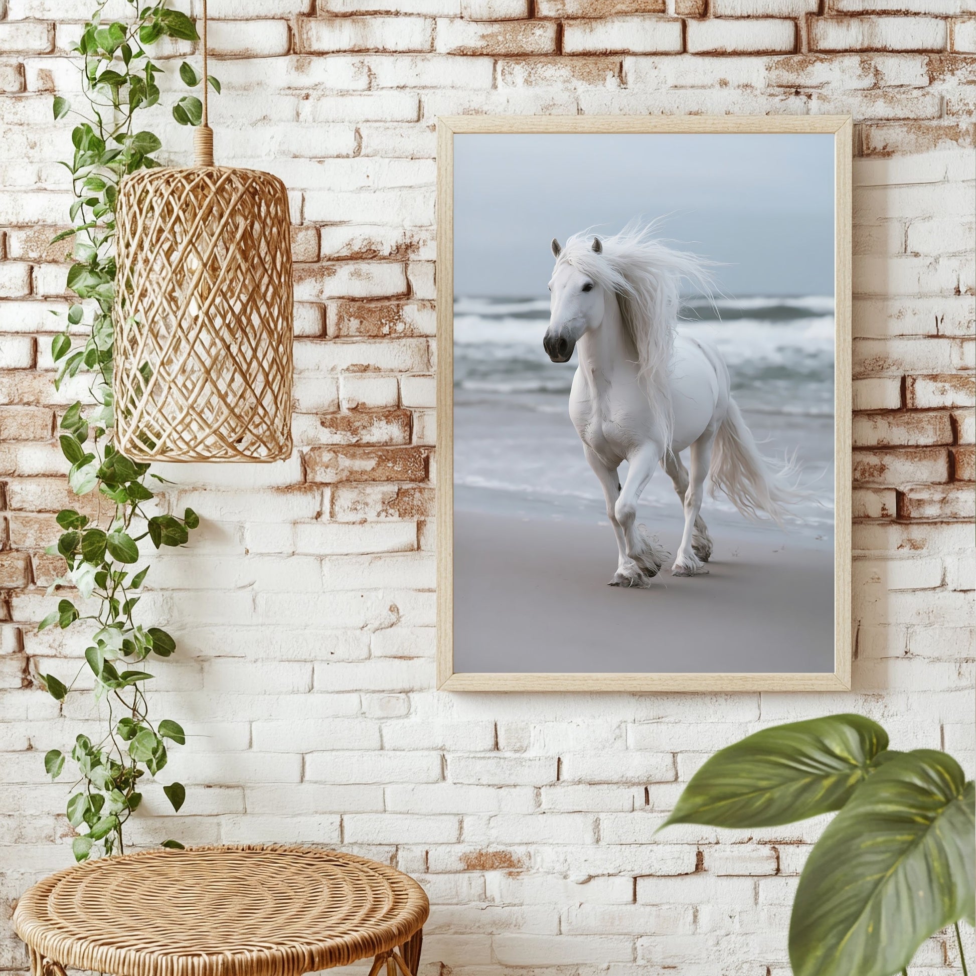Weißes Pferd am Meer Poster – Raumansicht 1