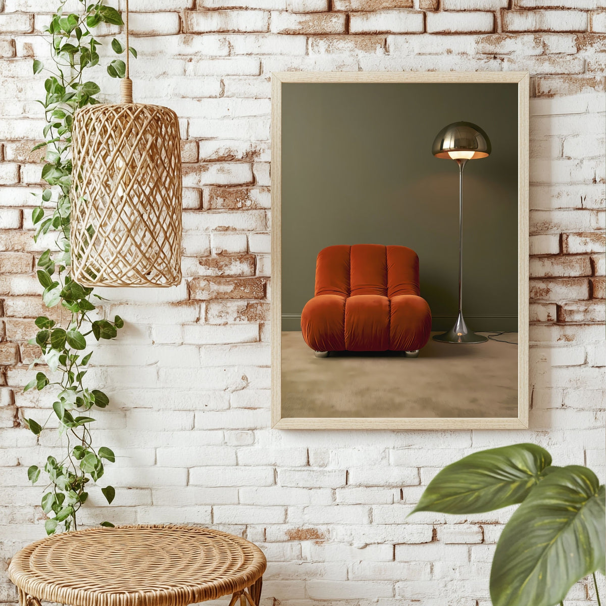 Oranger Sessel und Lampe Poster – Raumansicht 1