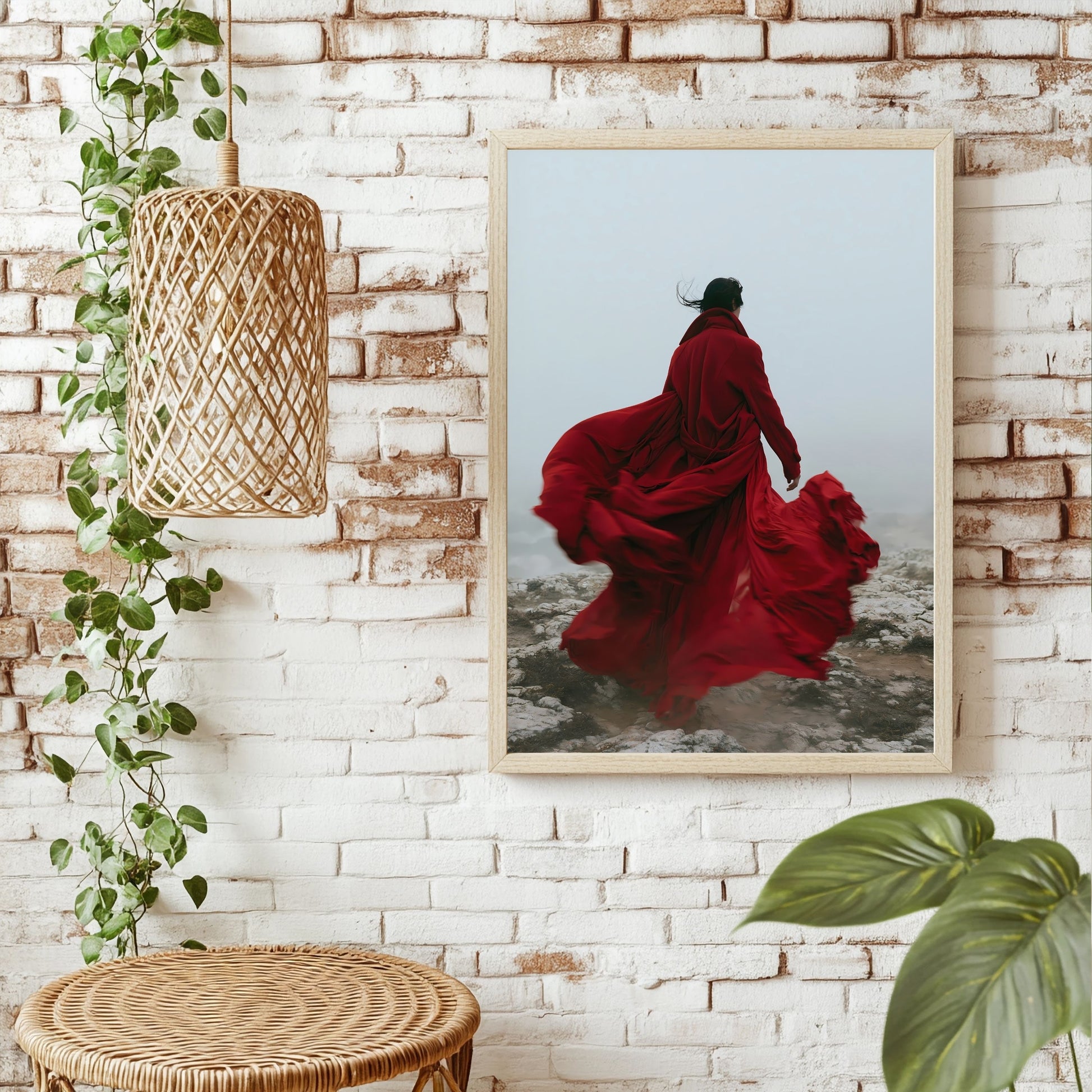 Roter Mantel im Nebel Poster – Raumansicht 1