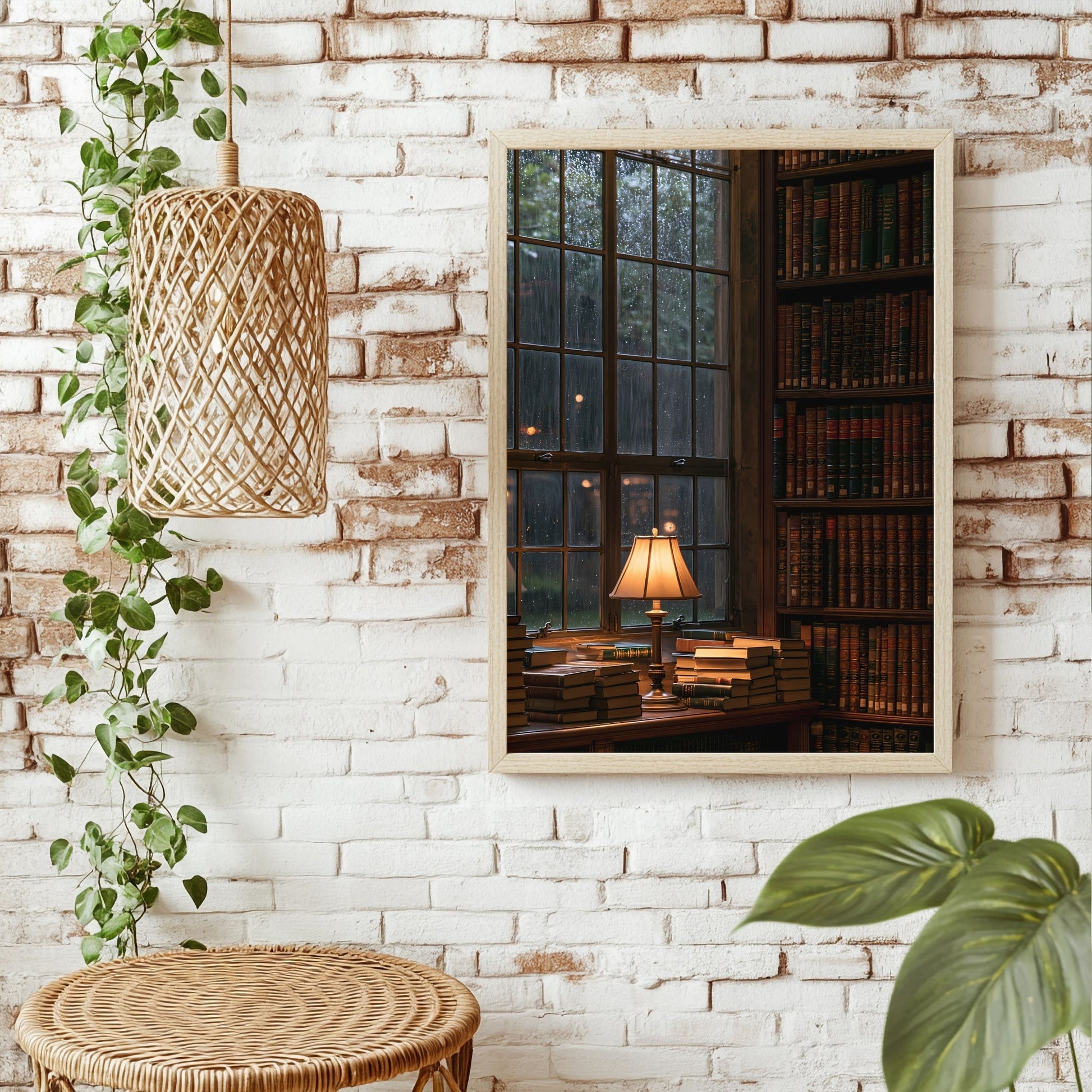 Regen am Bibliotheksfenster Poster – Raumansicht 1