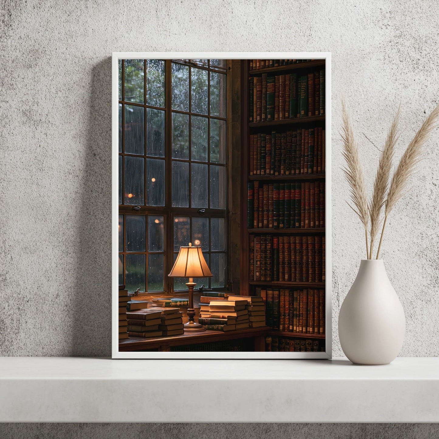 Regen am Bibliotheksfenster Poster – Raumansicht 2