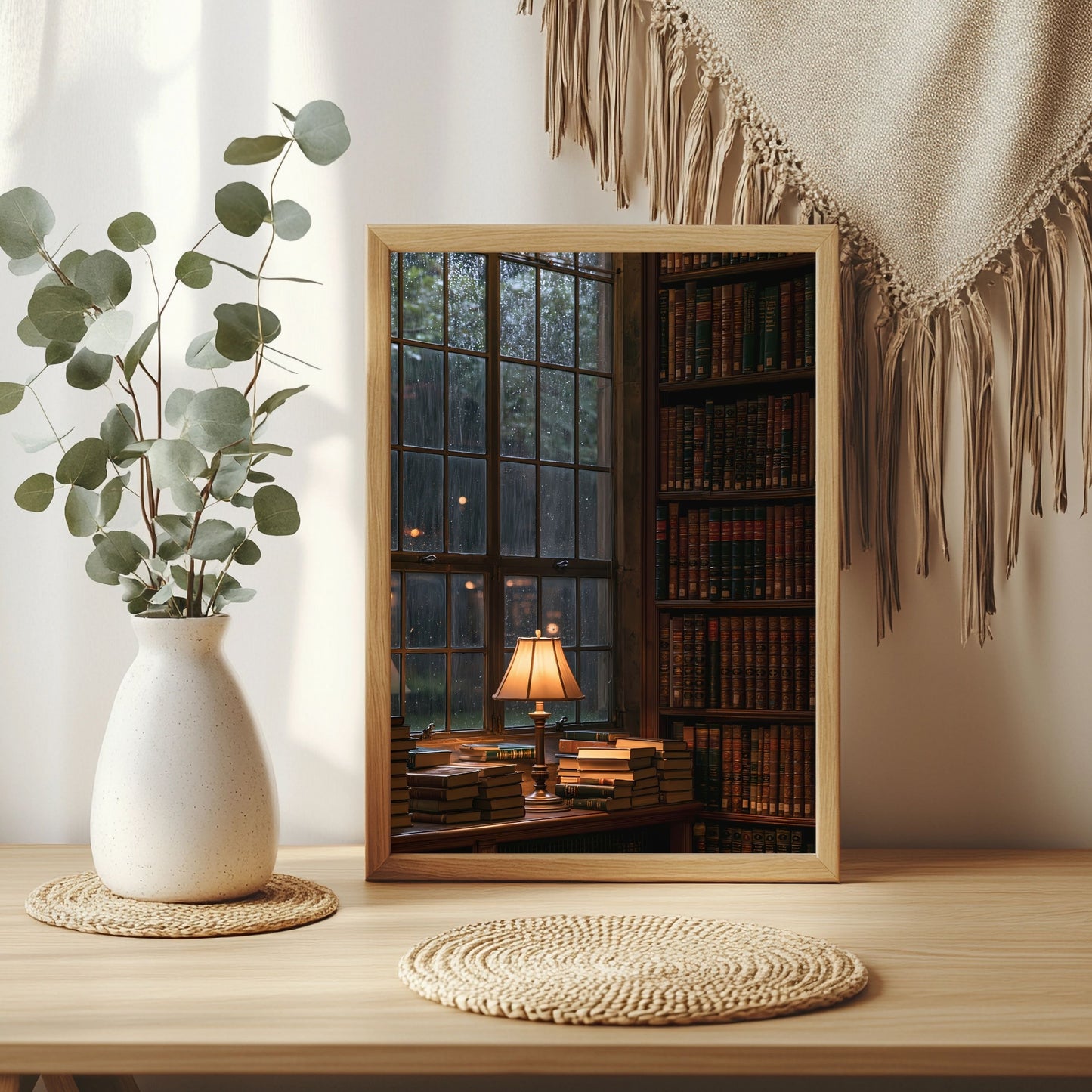 Regen am Bibliotheksfenster Poster – Raumansicht 3
