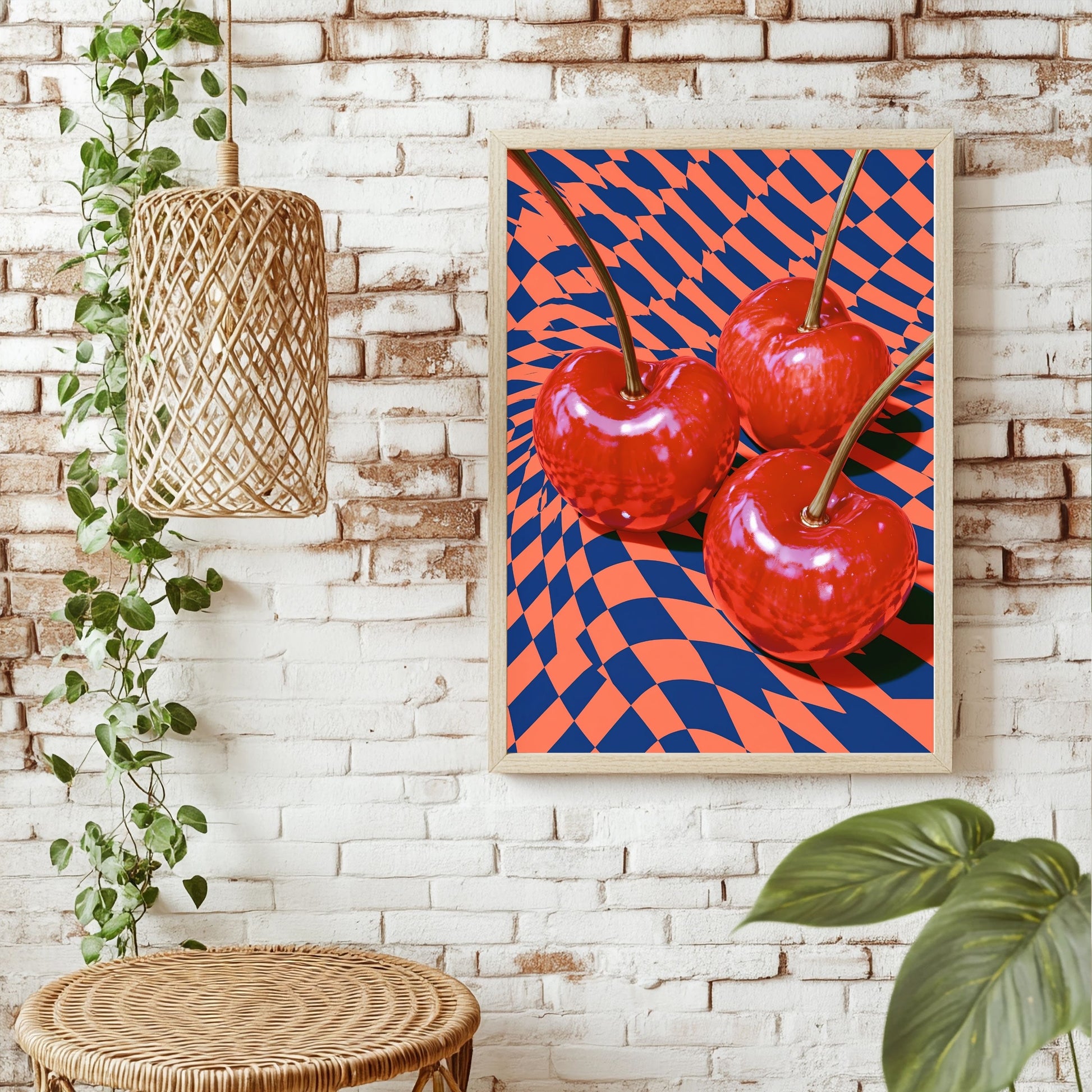 Kirschen und Schachbrett Poster – Raumansicht 1