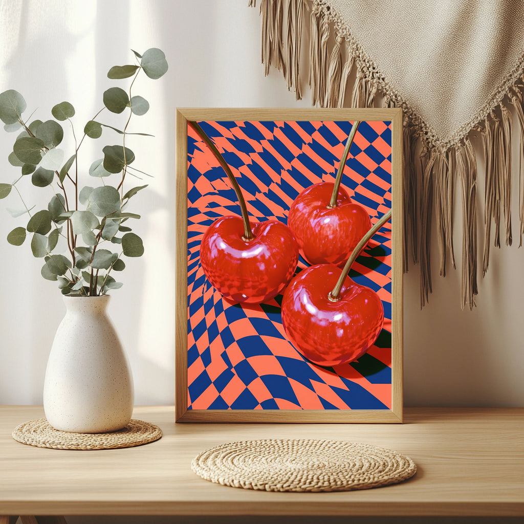 Kirschen und Schachbrett Poster – Raumansicht 3