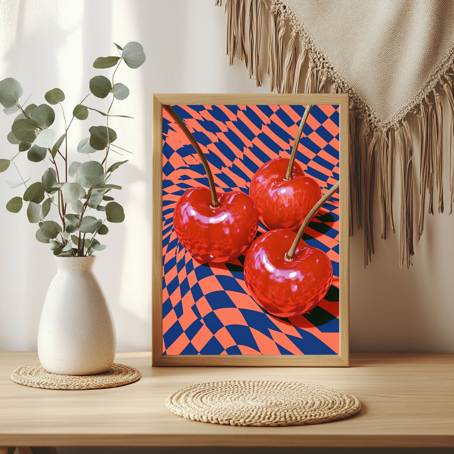 Kirschen und Schachbrett Poster – Raumansicht 3