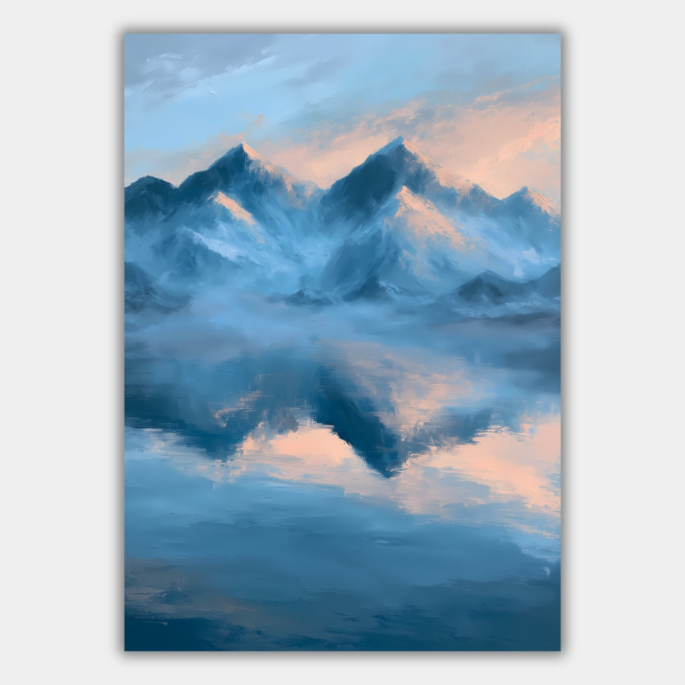 Berge im Morgenlicht am See Poster – Produktansicht 1