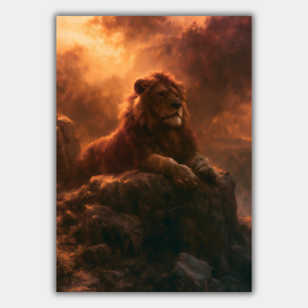 Löwe im Abendlicht auf dem Felsen Poster, Tier Wandkunst