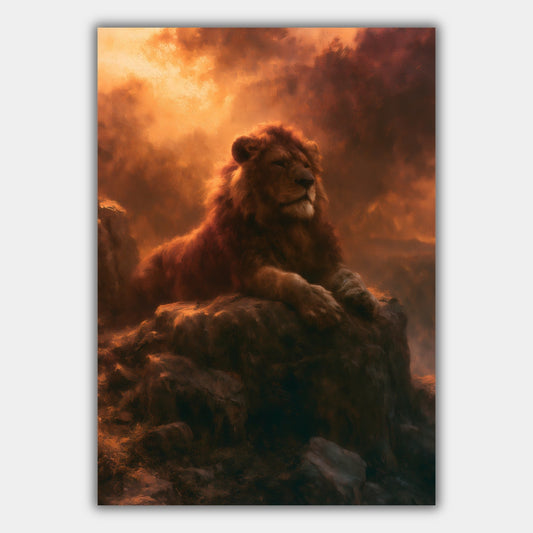 Löwe im Abendlicht auf dem Felsen Poster – Produktansicht 1