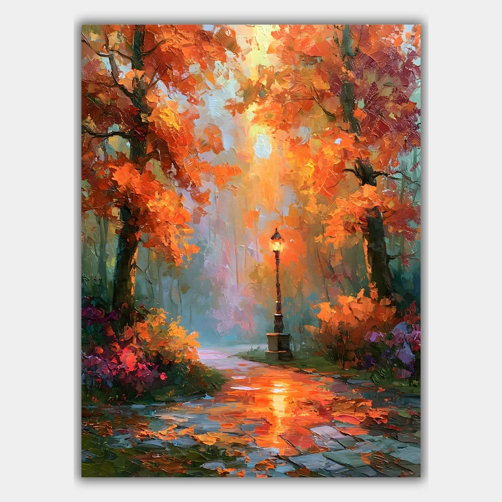 Herbstwald mit Laterne Poster – Produktansicht 1